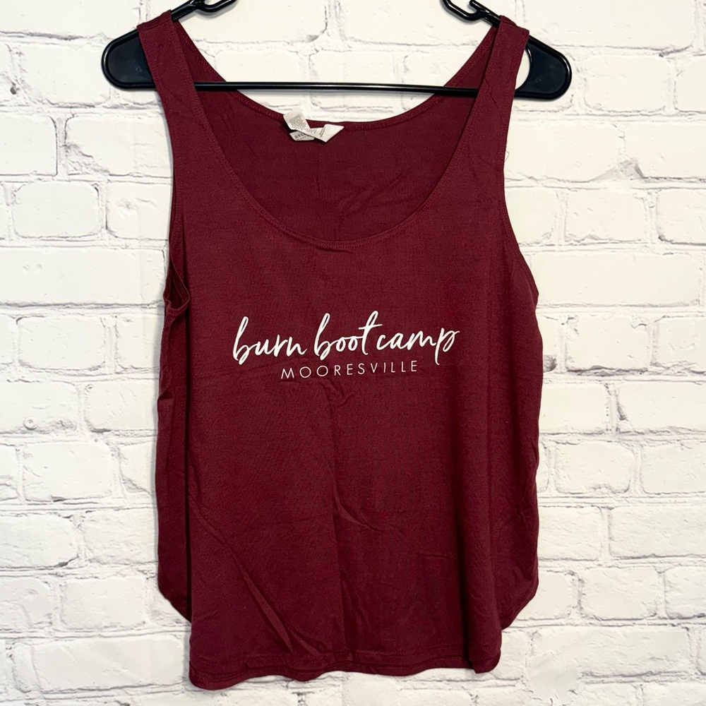 Burn Boot Camp Mooresville maroon loose fitting tank top